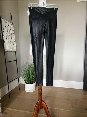 SPANX Black Faux Leather-Look Leggings with Red Logo Tag